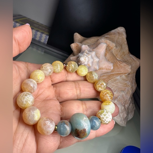 YELLO FIRE AGATE + AMAZONITE + LEMURIAN NATURAL STONES BRACELET size 7” - Picture 11 of 12